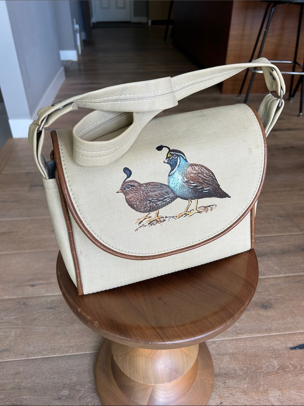 Canvas Shoulder Bag with Quail Illustration in Cream and Brown Trim